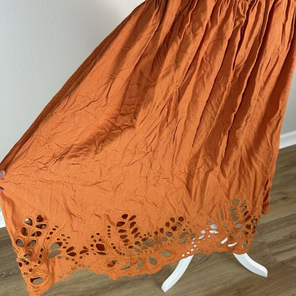 Moon River XS Midi Dress Orange Linen Eyelet Basque Waist Sleeveless Cottage - Picture 4 of 6